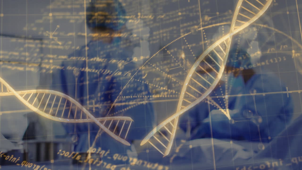 Medical professionals in scrubs analyzing DNA strand and scientific data animation