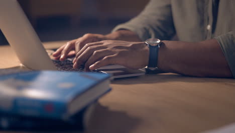 night, closeup and man typing