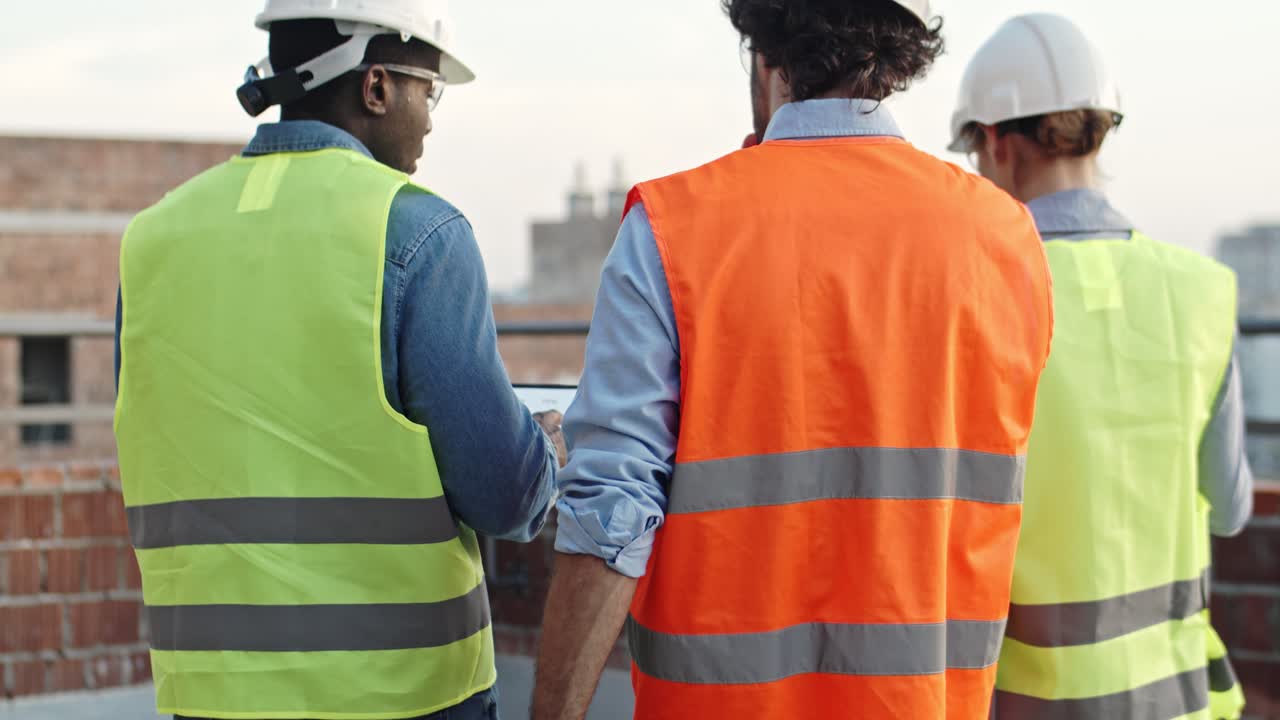 건설 현장에서  ⁇ 고 얘기하는 하드 ⁇ 을 입은 다민족 사람들이 뒤로 보입니다. 건설사들이 일하고 있습니다. 야외에서. 뒤로.