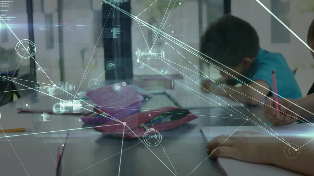 animación de la red de conexiones sobre escolares felices y diversos