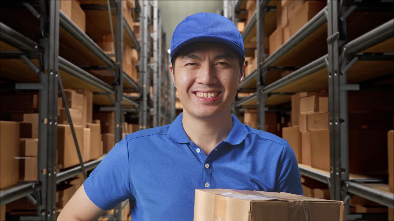 primer plano de un mensajero masculino asiático en uniforme azul poniendo la mano en la cadera y sonriendo mientras entrega un cartón en el almacén, postura orgullosa