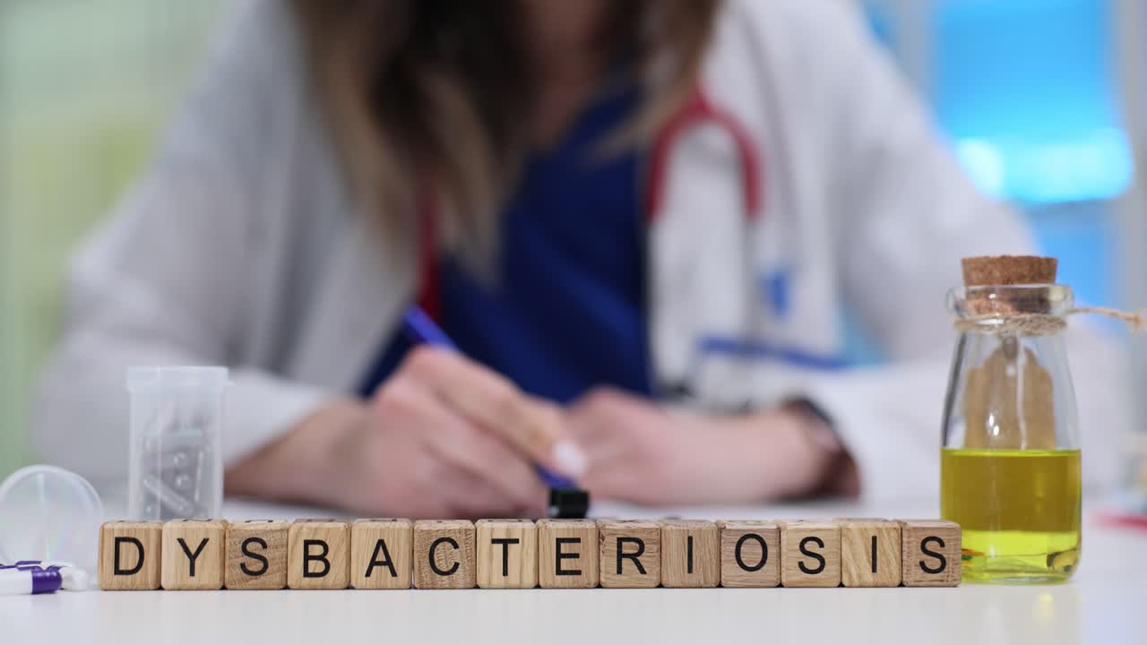 Dysbacteriosis Word on Blocks with Doctor Writing Medical Notes