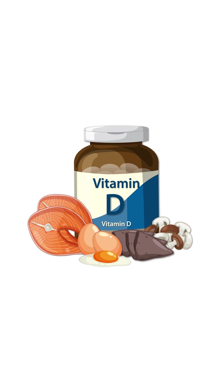 Flacone di Vitamina D con salmone, uova, funghi e manzo su sfondo bianco, animazione fluida