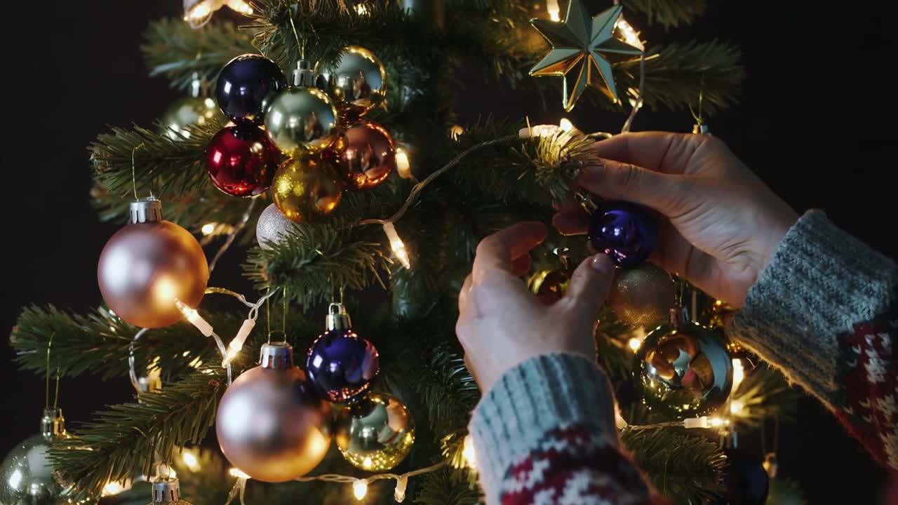 Entering sweatered hands placing baubles on lit artificial Christmas tree in room for holiday decor