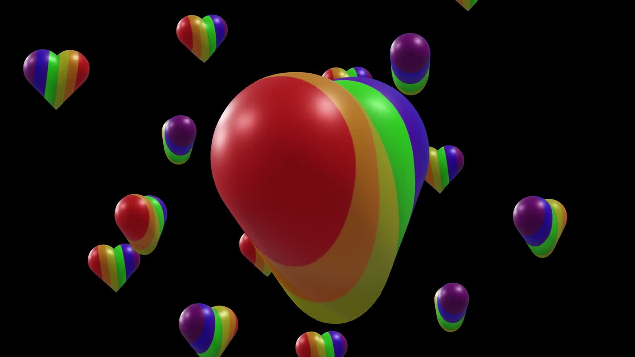 검은 바탕에 움직이는 무지개 심장의 애니메이션