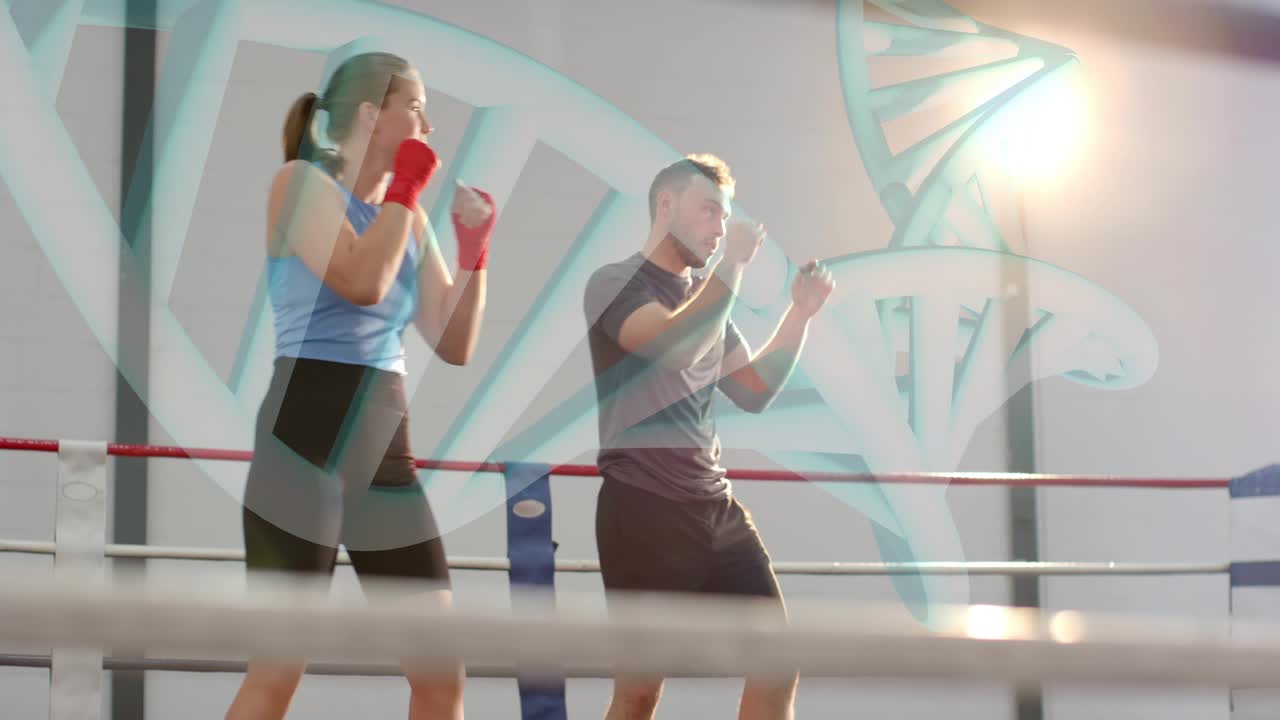 Woman advancing and man mirroring on cue, practicing jabs in ring with double-helix overlay behind