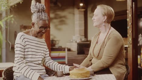 two senior women enjoying a conversation and holding hands at an outdoor cafe