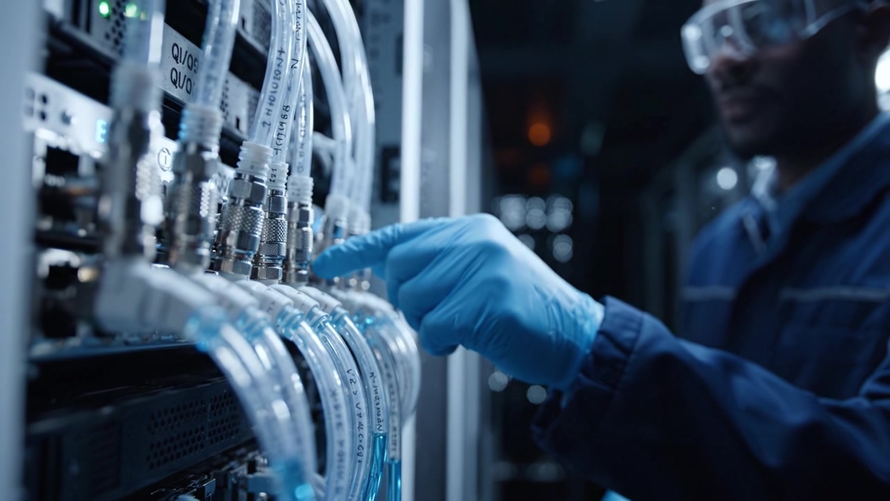 Technician Managing Server Connectivity with Tubing and Equipment, Ensuring Optimal Performance in a Data Center Environment - Focus on Infrastructure Maintenance