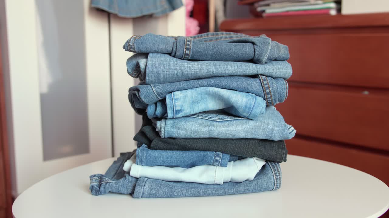 Vintage jeans pile on a white table