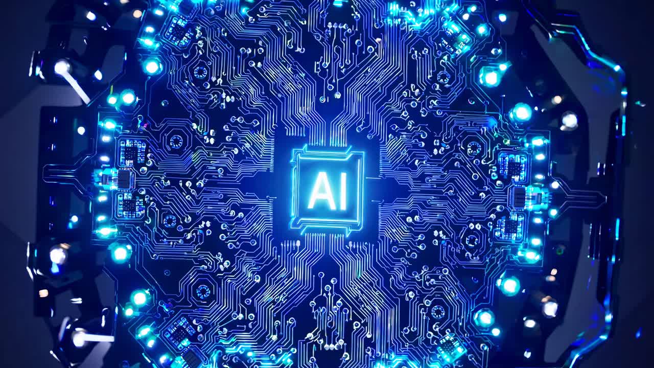 Top-down view of a glowing AI circuit board, with blue neon lights and intricate patterns