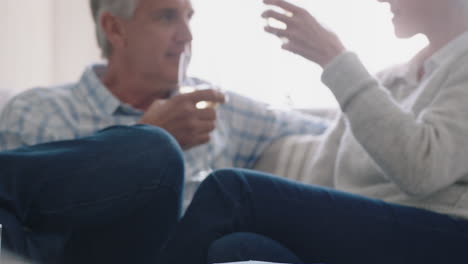una pareja de ancianos felices bebiendo vino relajándose en el sofá en casa haciendo un brindis celebrando un aniversario disfrutando de una relación romántica en una cómoda jubilación 4k
