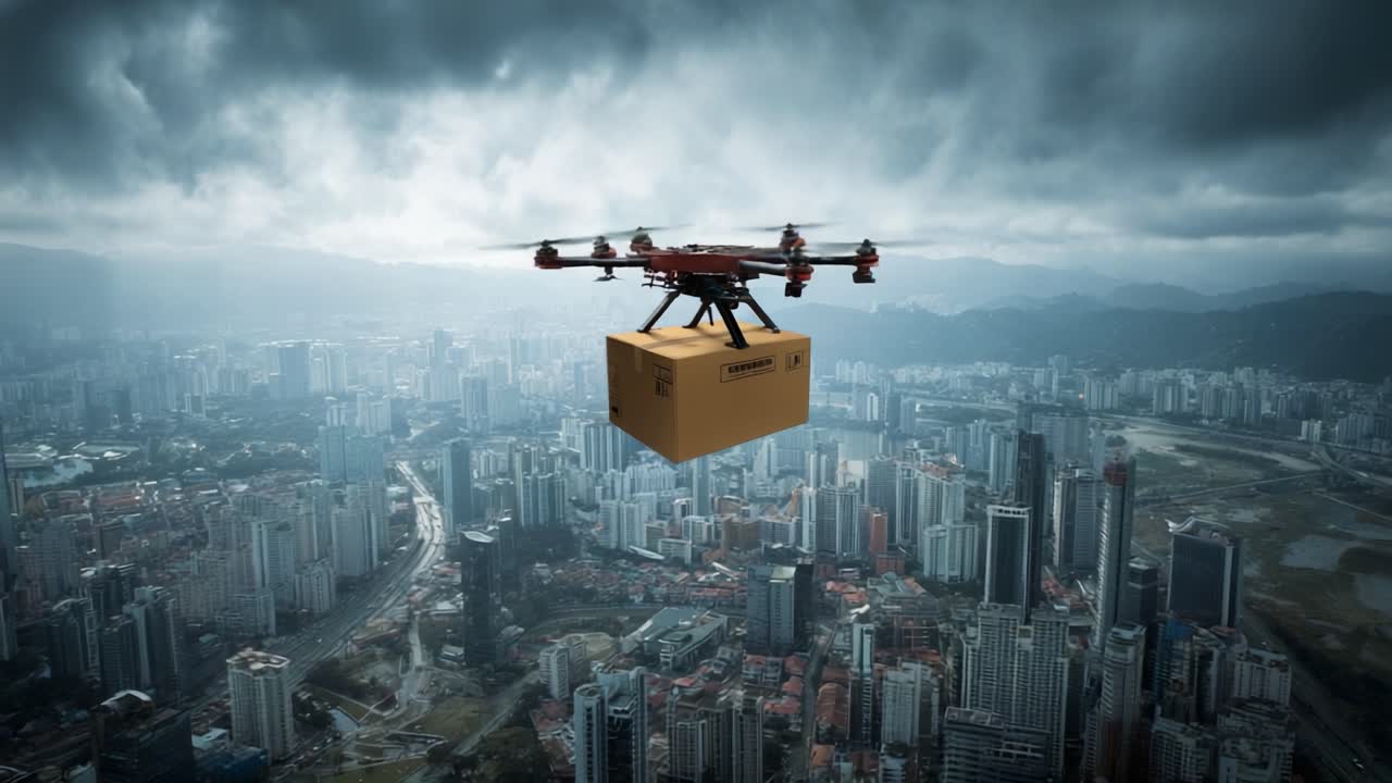 A drone delicately transports a package through a moody sky, navigating above a sprawling urban landscape, showcasing the intersection of technology and logistics in modern delivery systems