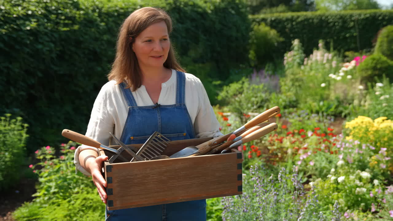 Woman holding a box of gardening tools in a lush garden