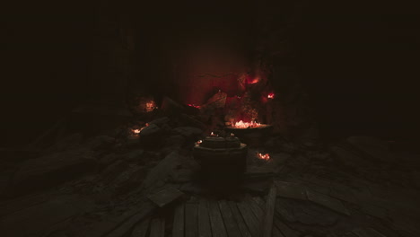 mysterious cavern with glowing lights and an ancient pot at night