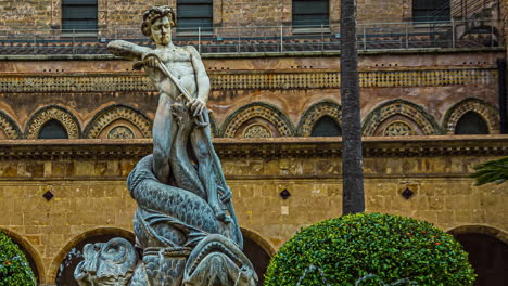 Ancient-Statue-Fountain-In-Front-Of-The-Cathedral-of-Monreale-Near-Palermo-In-Sicily,-Italy