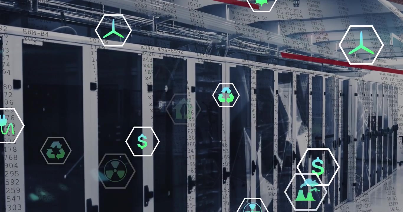 Animation of data processing and ecology icons over server room