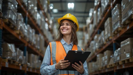 smiling female worker with a clipboard in a warehouse