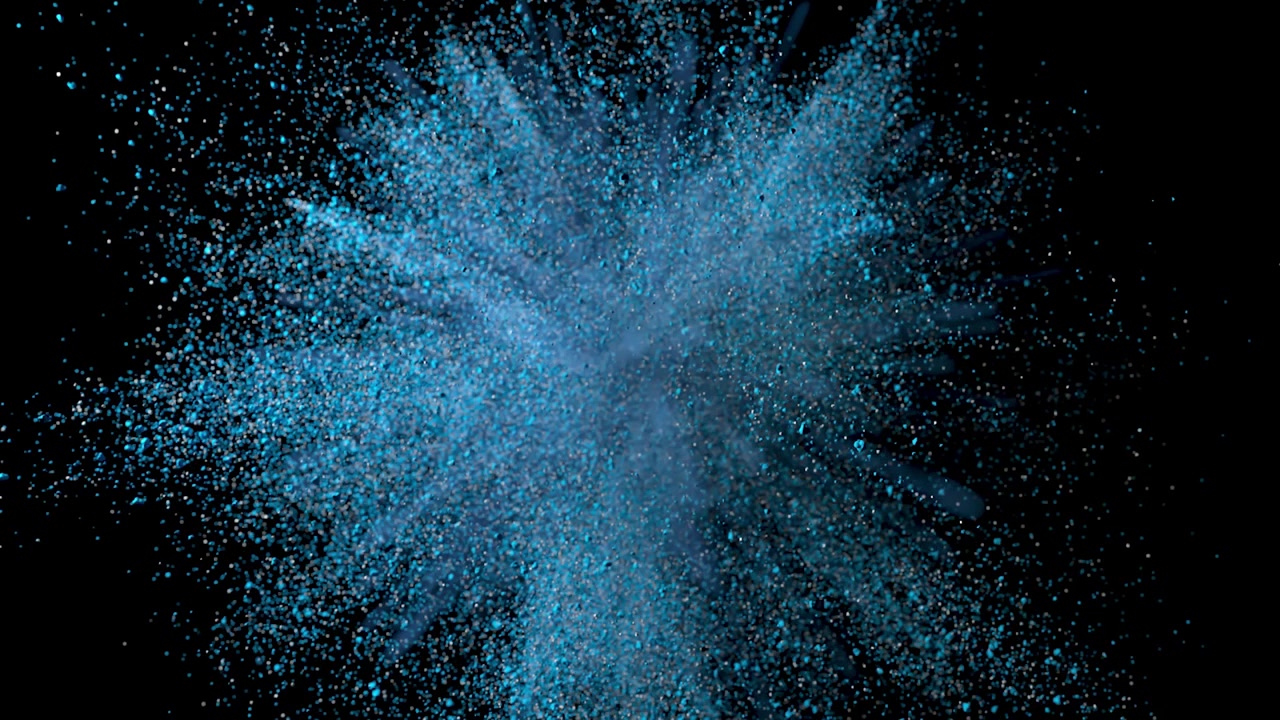 Esplosione di polvere blu in azione ritardata con milioni di particelle e fumo. Rendering 3D