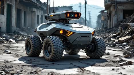 futuristic military robot patrols a ruined city