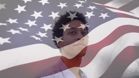 animation of flag of usa over african american man