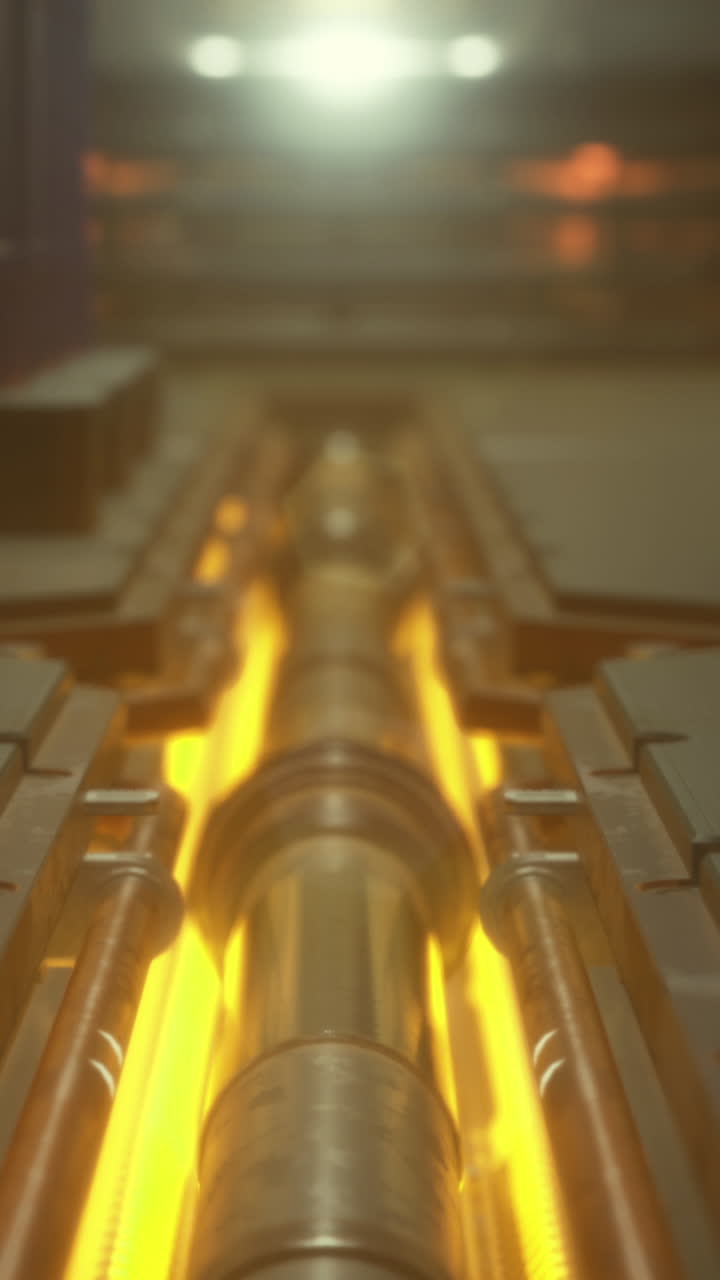 Mysterious glowing pipeline illuminates the industrial workshop at night