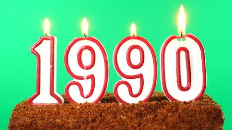 cake with the number 1990 lighted candle. last century date. chroma key. green screen. isolated