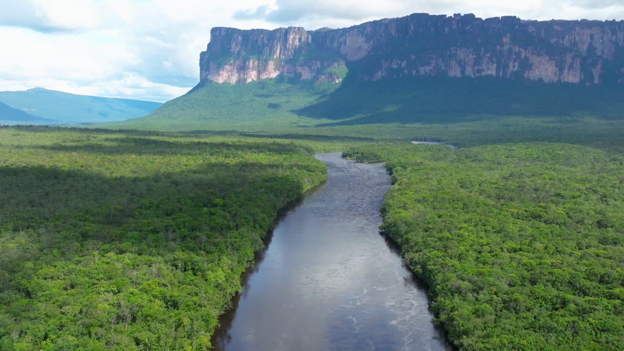 Aerial View of a River Winding Through Dense Rainforest with Distant Mountains and Boats