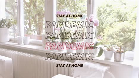 animation of words stay at home pandemic flashing over an empty living room