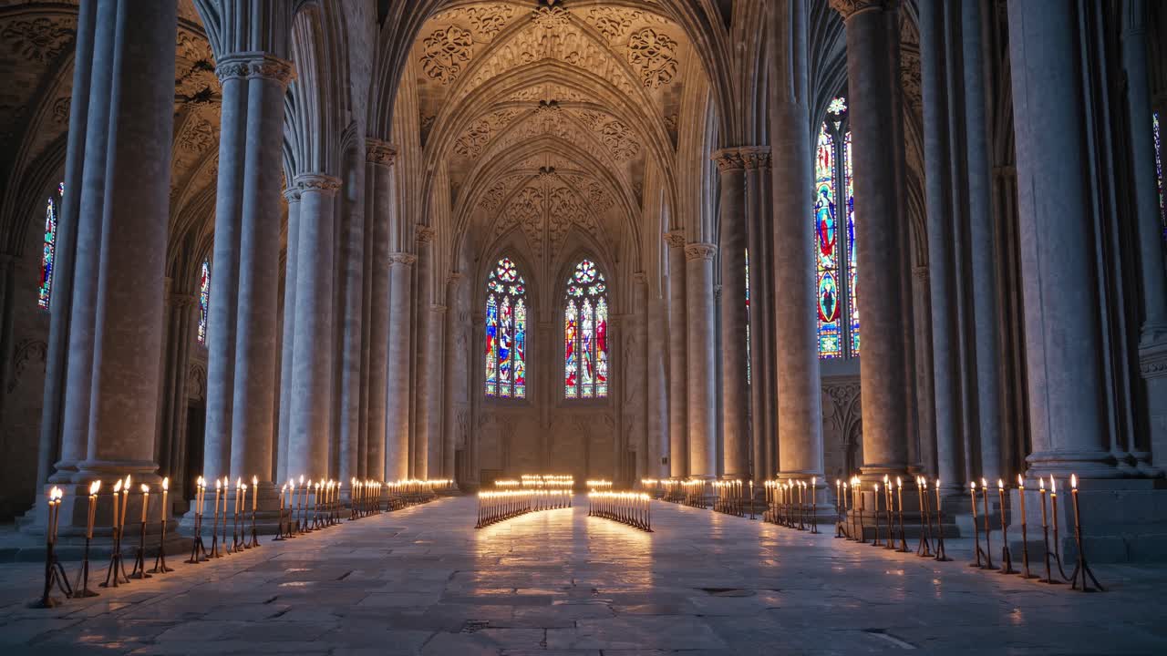 Majestic cathedral interior with gothic arches and stained glass, captured from a low angle