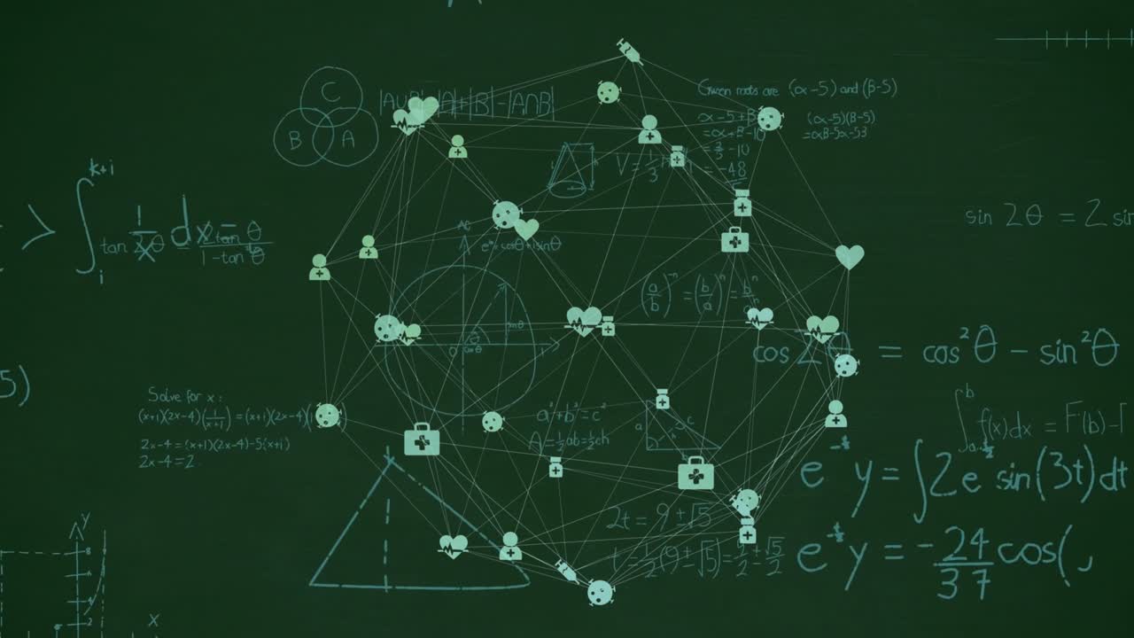 Animation of network of people and health icons over mathematical equations on chalkboard