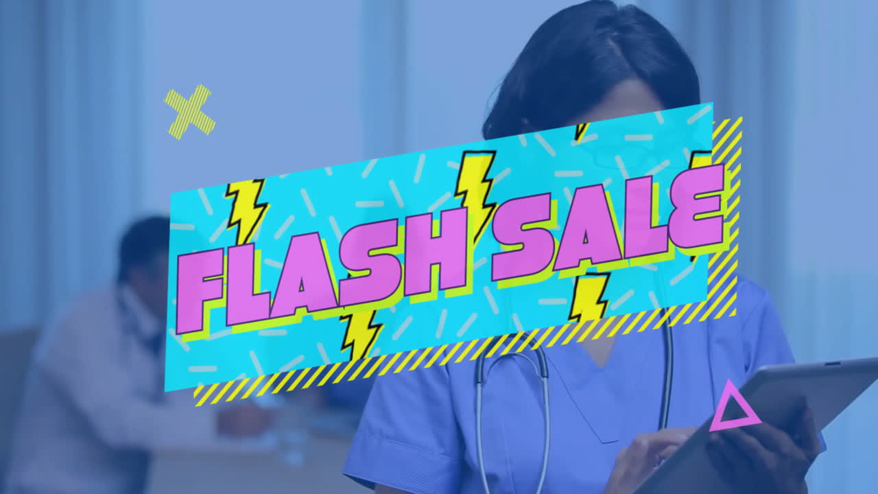 Flash Sale text animation over healthcare professional using tablet in hospital