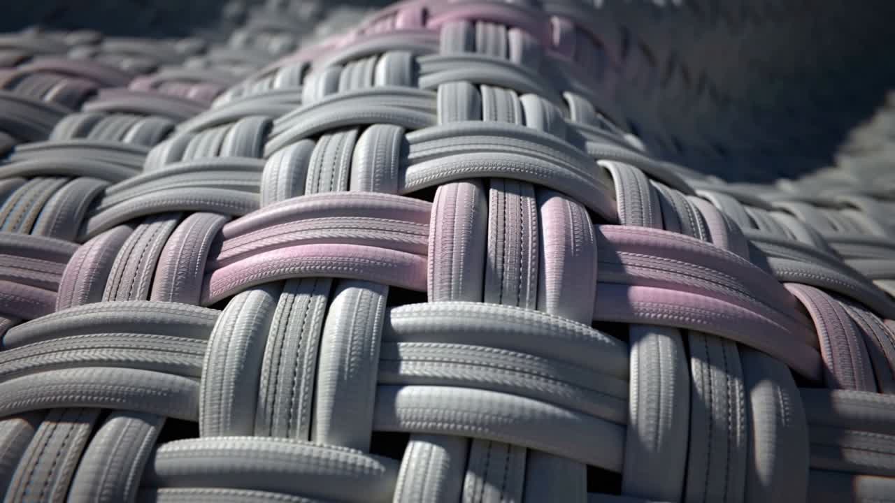 Moving camera framing synthetic straps' weave in studio to reveal ribbed texture, pink light