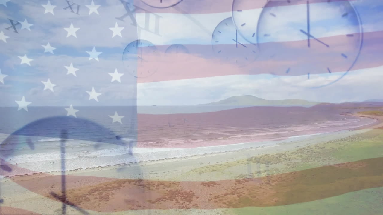 Animation of clocks moving over flag of usa and sea