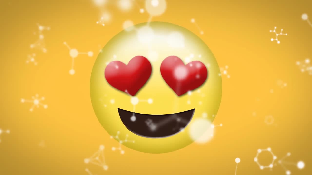 animación de conexiones de red blancas que caen sobre los ojos del corazón emoji de amor sobre fondo amarillo