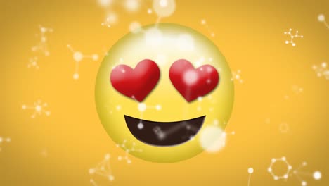 animación de conexiones de red blancas que caen sobre los ojos del corazón emoji de amor sobre fondo amarillo