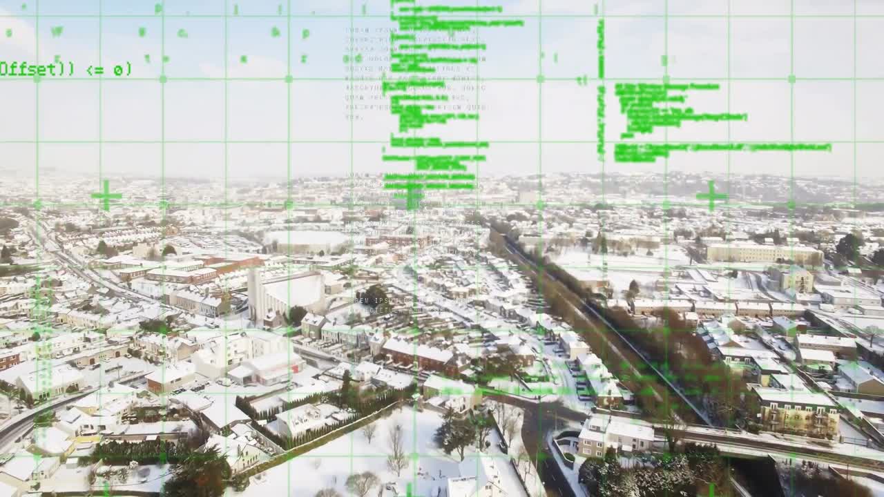 도시 풍경 위의 데이터 처리 애니메이션