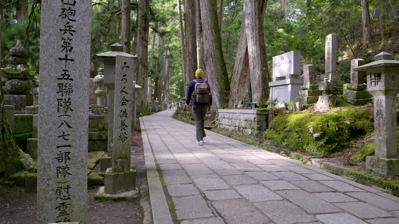 Curious male traveler walking through mysterious forest temple in Japan