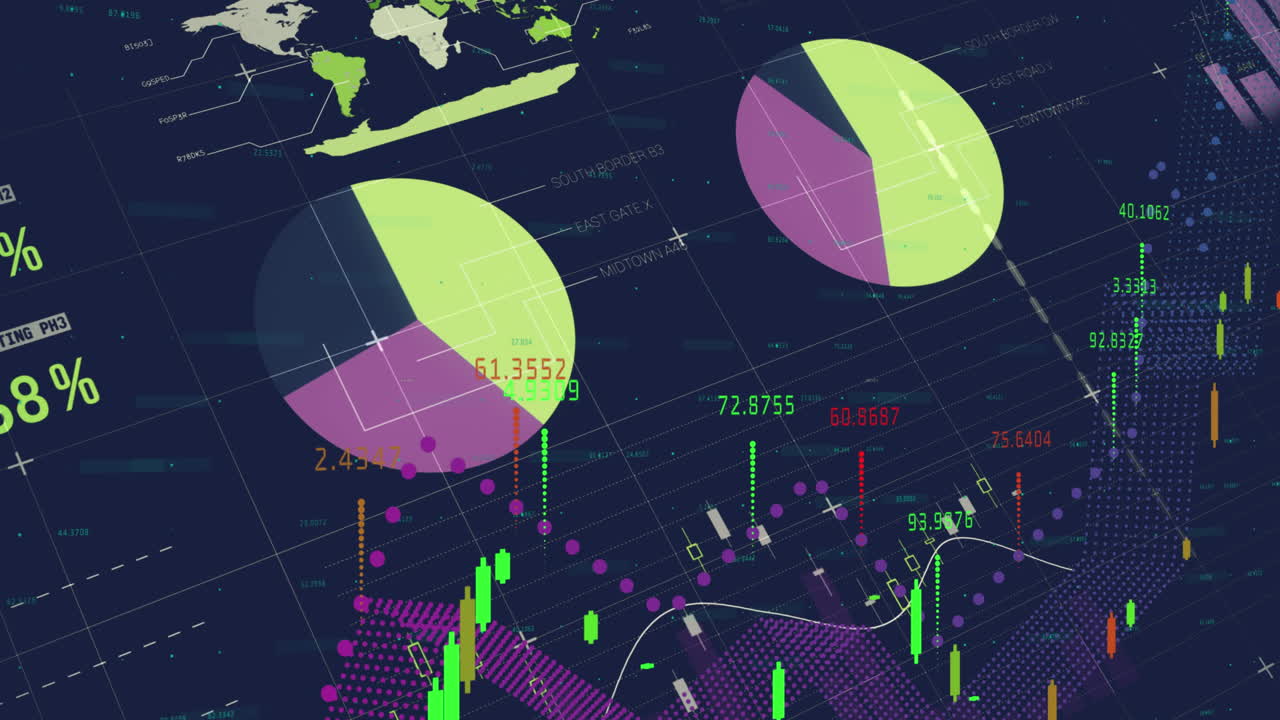 animación del procesamiento de datos financieros y estadísticos contra un fondo azul