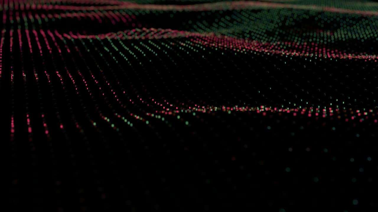 Ruby and emerald color animation background of particles on surface with waves. Looped seamless animation of perspective glimmering surface.