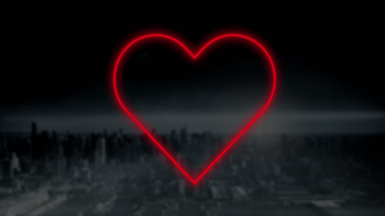 어두운 도시 풍경에서  ⁇ 은 네온 심장이  ⁇ 박이는 애니메이션