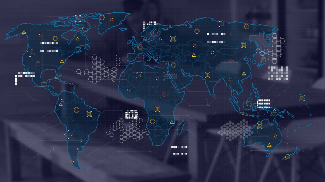 Animation of financial data processing and world map over desk in office