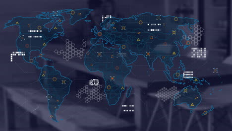 Animation-of-financial-data-processing-and-world-map-over-desk-in-office