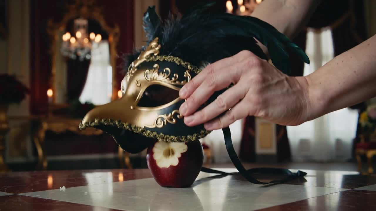 Dalla destra, mani adulte posizionano una maschera veneziana su una mela morsicata su un ripiano in marmo, nascondendo il morso