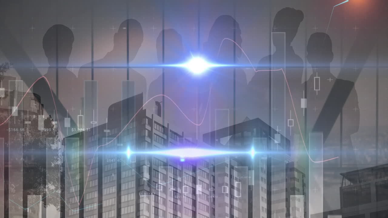 기업인 및 도시 풍경에 대한 통계 및 금융 데이터 처리의 애니메이션