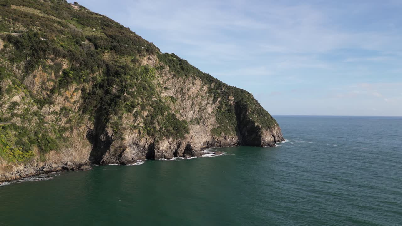 Riomaggiore Cinque Terre Italy aerial along the ocean cliffs