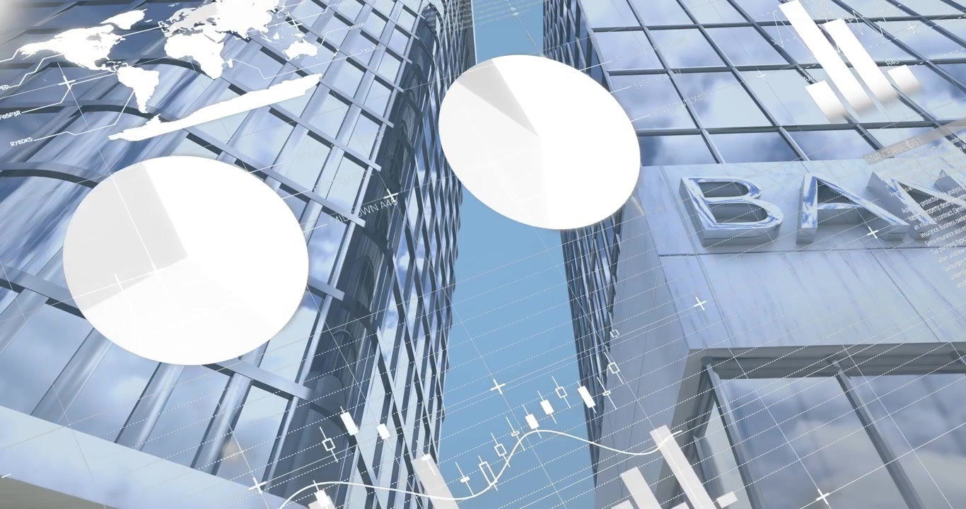 Animation af statistisk databehandling mod et lavvinkelbillede af bankbygninger