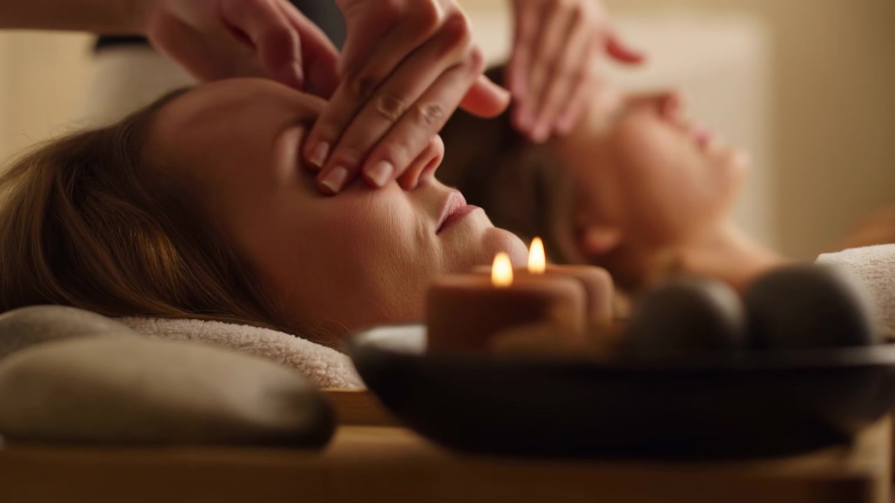 Nærbillede af en kvinde, der nyder en beroligende pandemassage, mens en anden klient fremstår blødt sløret i baggrunden, omgivet af varmt stearinlys.