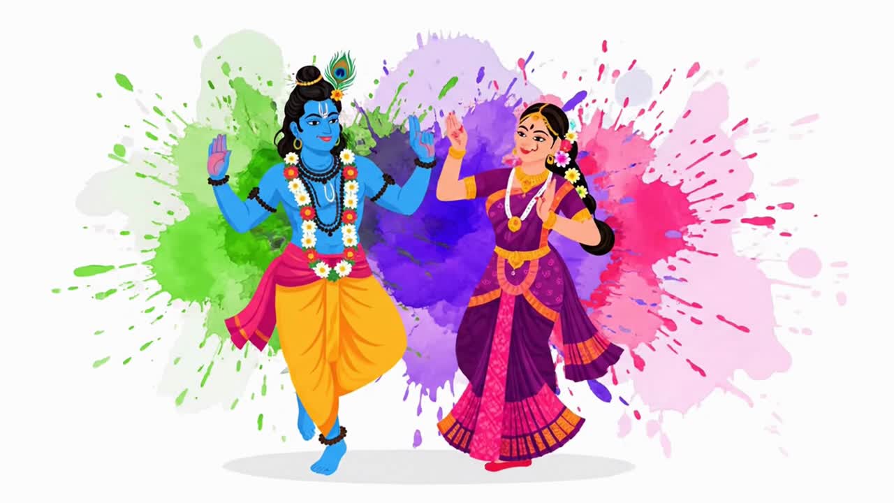 Divine Couple Radha and Krishna Dancing on Holi