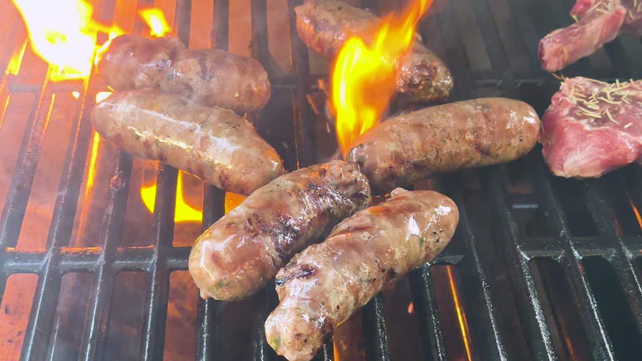 Juicy sausages and lamb cutlets grilling over open flames, smoke rising, close-up, natural lighting