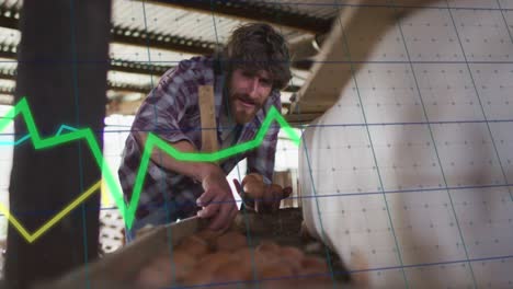 animación del procesamiento de datos financieros sobre el hombre caucásico recolectando huevos.